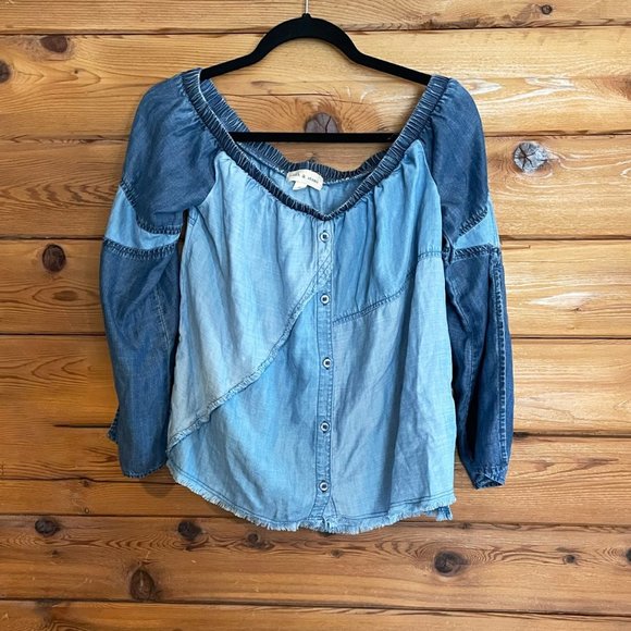 Cloth & Stone Off the Shoulder Chambray Patchwork Top Small - Picture 1 of 7